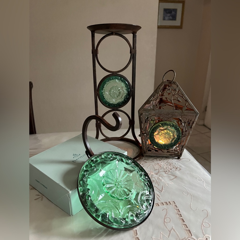 Partylite La Rosetta Green Glass Bronze Metal Lantern Sconce & Pillar Stand